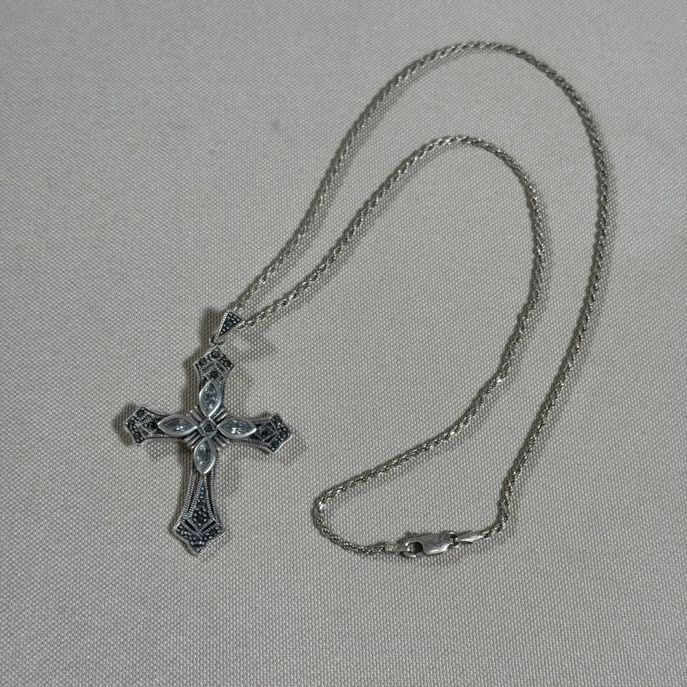 Sterling Silver Cross Necklace Marcasite Clear Crystal 18 in Italian Chain *FLAW